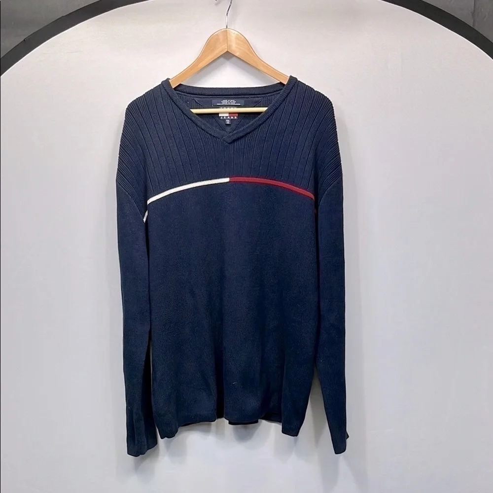 Tommy Hilfiger V Neck Sweater Mens Size XXL Navy All Cotton Ribbed Long Sleeve